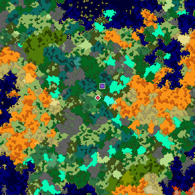 Predicted biome map of Java 1.16 seed -3456866239338616077 around estimated spawn