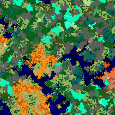 Predicted biome map of Java 1.16 seed 4287437433872735085 around estimated spawn