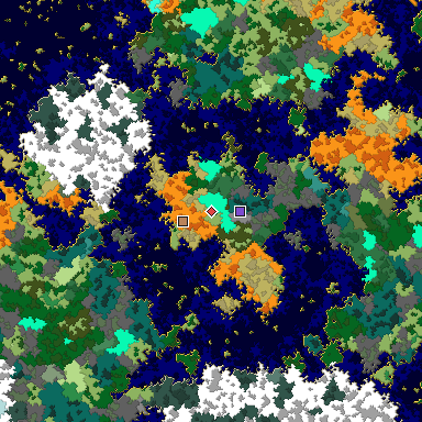 Predicted biome map of Java 1.16 seed 7896763701768509934 around estimated spawn