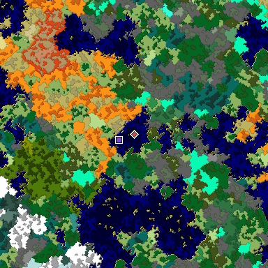Predicted biome map of Java 1.16 seed -2723040985046859747 around estimated spawn