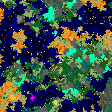 Predicted biome map of Java 1.16 seed 91305882061363295 around estimated spawn