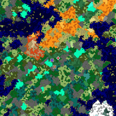 Predicted biome map of Java 1.16 seed 9128950668240510464 around estimated spawn
