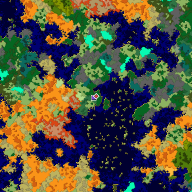 Predicted biome map of Java 1.16 seed -3315629366220895452 around estimated spawn