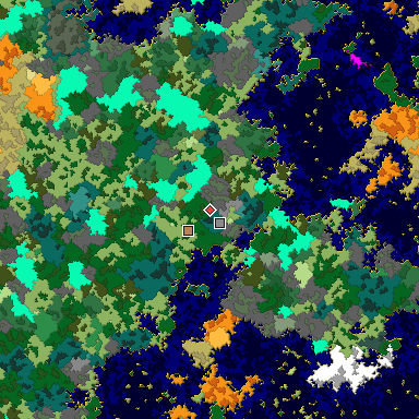 Predicted biome map of Java 1.16 seed -1363799510867871674 around estimated spawn