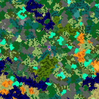 Predicted biome map of Java 1.16 seed 2938293407782972360 around estimated spawn