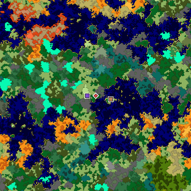 Predicted biome map of Java 1.16 seed -4296099388671347338 around estimated spawn