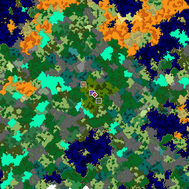 Predicted biome map of Java 1.16 seed -4990425213399681165 around estimated spawn