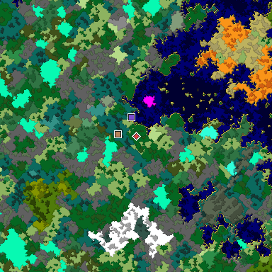Predicted biome map of Java 1.16 seed 7545896800407695583 around estimated spawn