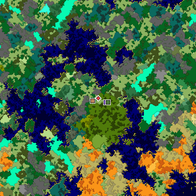Predicted biome map of Java 1.16 seed 7697619604933410291 around estimated spawn