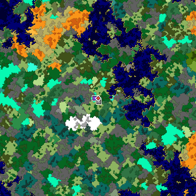Predicted biome map of Java 1.16 seed 6740710032545844256 around estimated spawn