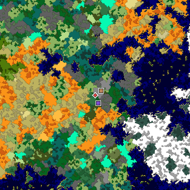 Predicted biome map of Java 1.16 seed -5755312192691094252 around estimated spawn