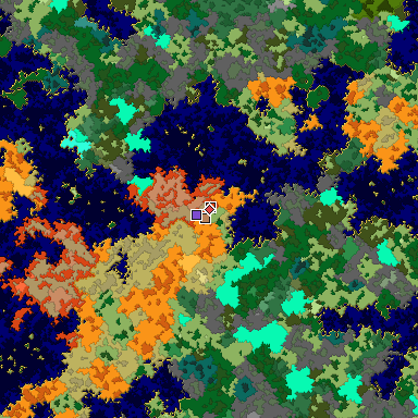 Predicted biome map of Java 1.16 seed -4915491355020433415 around estimated spawn