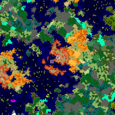Predicted biome map of Java 1.16 seed 5447643566920275051 around estimated spawn