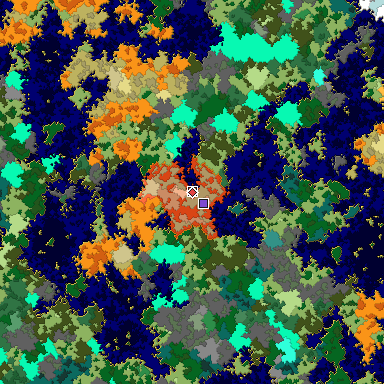 Predicted biome map of Java 1.16 seed 1349371602203766815 around estimated spawn