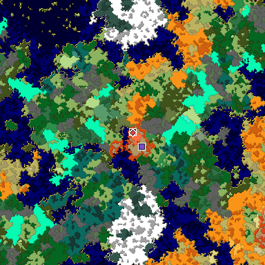 Predicted biome map of Java 1.16 seed 4937808655525016614 around estimated spawn
