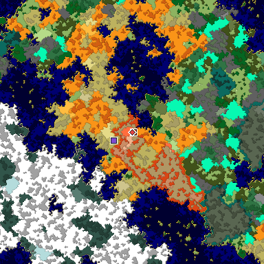 Predicted biome map of Java 1.16 seed -6176959969526177347 around estimated spawn