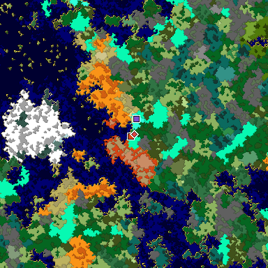 Predicted biome map of Java 1.16 seed -4929814679406770219 around estimated spawn