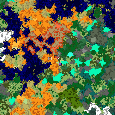 Predicted biome map of Java 1.16 seed 3375687213946851165 around estimated spawn