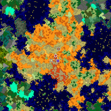 Predicted biome map of Java 1.16 seed 2164648911667650097 around estimated spawn