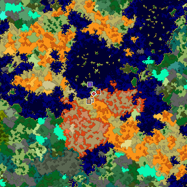Predicted biome map of Java 1.16 seed -8619767178642890077 around estimated spawn