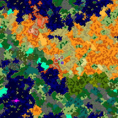 Predicted biome map of Java 1.16 seed -6687623717033253911 around estimated spawn