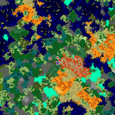 Predicted biome map of Java 1.16 seed -50222561567273960 around estimated spawn