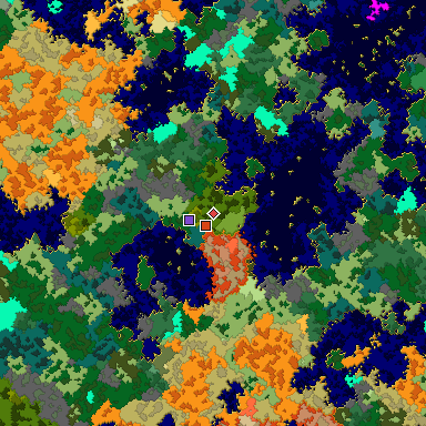 Predicted biome map of Java 1.16 seed 7646229288241451650 around estimated spawn
