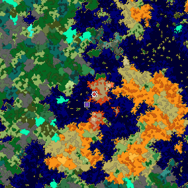 Predicted biome map of Java 1.16 seed -3943059418521617693 around estimated spawn