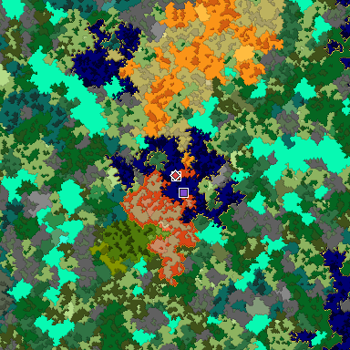 Predicted biome map of Java 1.16 seed 3033985160725111313 around estimated spawn