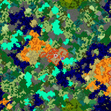 Predicted biome map of Java 1.16 seed -3176938895547406489 around estimated spawn