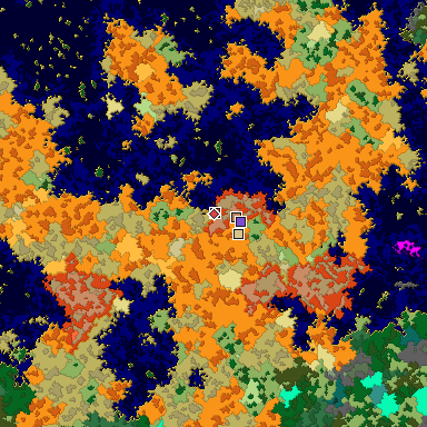 Predicted biome map of Java 1.16 seed -1077631293584619028 around estimated spawn
