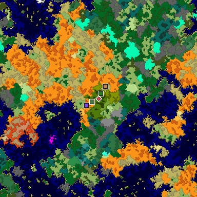 Predicted biome map of Java 1.16 seed 5973660083245865493 around estimated spawn