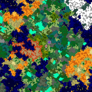 Predicted biome map of Java 1.16 seed 5087823789158664145 around estimated spawn
