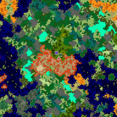 Predicted biome map of Java 1.16 seed 3576488269916193637 around estimated spawn