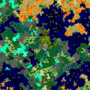 Predicted biome map of Java 1.16 seed 6908306988245678460 around estimated spawn
