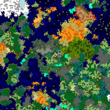 Predicted biome map of Java 1.16 seed -1328242632921960640 around estimated spawn
