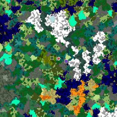 Predicted biome map of Java 1.16 seed 7402933027320327623 around estimated spawn