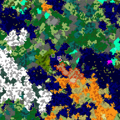Predicted biome map of Java 1.16 seed 284878680988608709 around estimated spawn