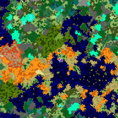 Predicted biome map of Java 1.16 seed 3487522295034784468 around estimated spawn