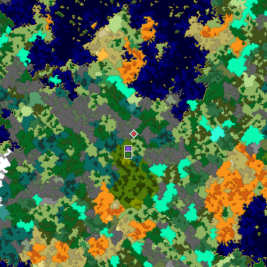 Predicted biome map of Java 1.16 seed 8656131850819243084 around estimated spawn