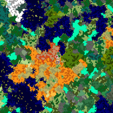 Predicted biome map of Java 1.16 seed 5712731398947595249 around estimated spawn
