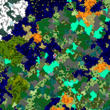 Predicted biome map of Java 1.16 seed -287639289627979236 around estimated spawn