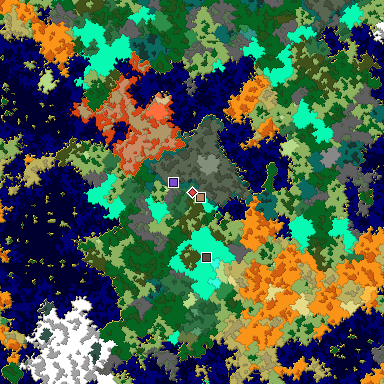 Predicted biome map of Java 1.16 seed -2663004399181010414 around estimated spawn