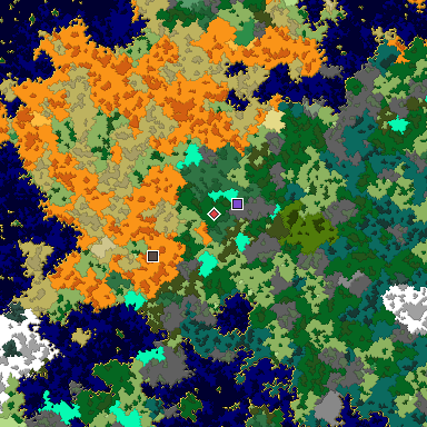 Predicted biome map of Java 1.16 seed 8544804698159401736 around estimated spawn
