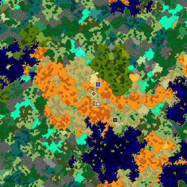 Predicted biome map of Java 1.16 seed 6730620356223160812 around estimated spawn
