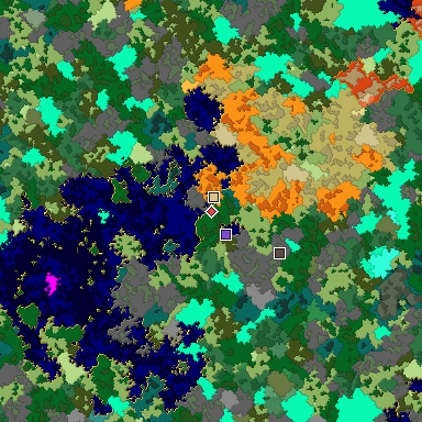 Predicted biome map of Java 1.16 seed -4344831642708853587 around estimated spawn