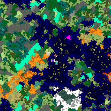 Predicted biome map of Java 1.16 seed -8201094475377504669 around estimated spawn