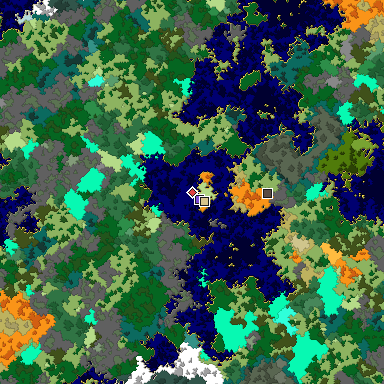Predicted biome map of Java 1.16 seed 2922078504642519377 around estimated spawn