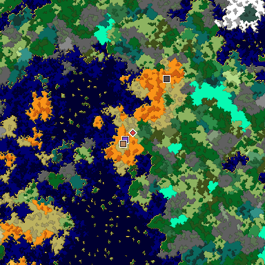 Predicted biome map of Java 1.16 seed 9054658580025475446 around estimated spawn