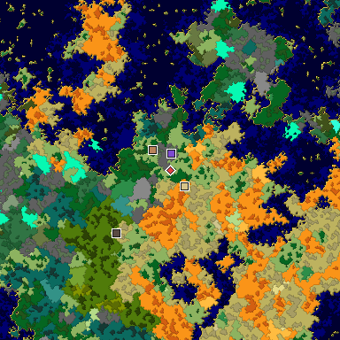 Predicted biome map of Java 1.16 seed -5484504671370160325 around estimated spawn